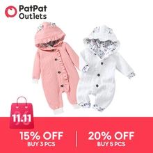 PatPat Overalls Baby Girl Clothes Jumpsuit New Born Romper Newborn Bodysuit 3D Ears Hooded Ruffle Pink Thickened Long-sleeve