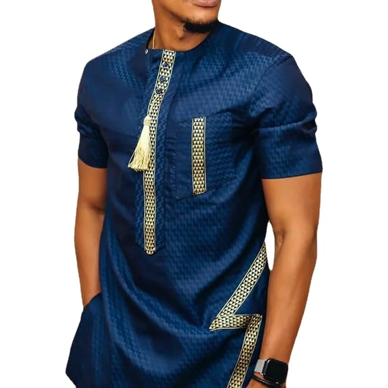 

Camisa linen young male loose short sleeve shirt printed African dashiki long casual camiseta masculina top Mo