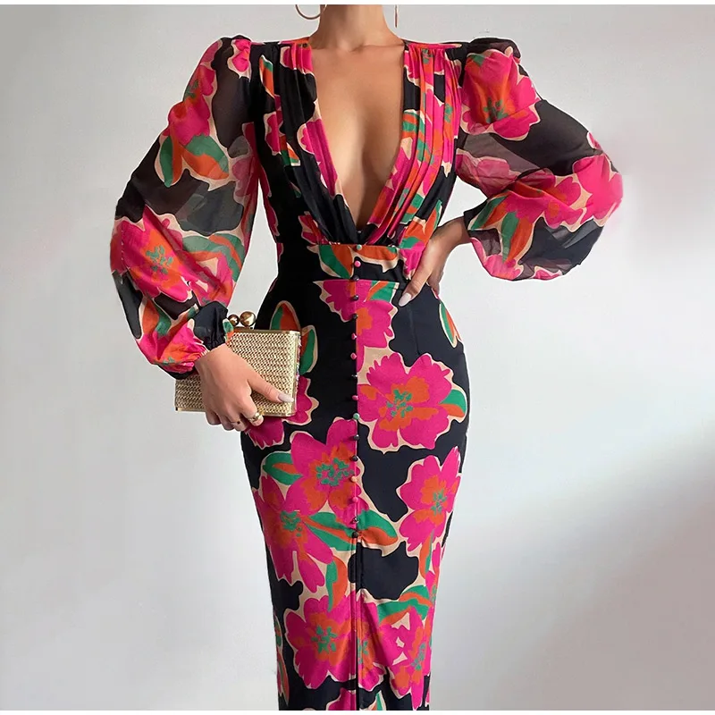 

Элегантное облегающее Платье макси с цветочным принтом, женское однобортное облегающее вечернее платье с длинным рукавом-фонариком и разр...