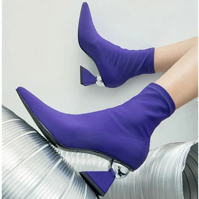 

FHANCHU 2022 Women Stretch Short Boots,Strange Heel Winter Sock Shoes,Ankle Botas,Pointed Toe,Purple,Black,Brown,Dropship