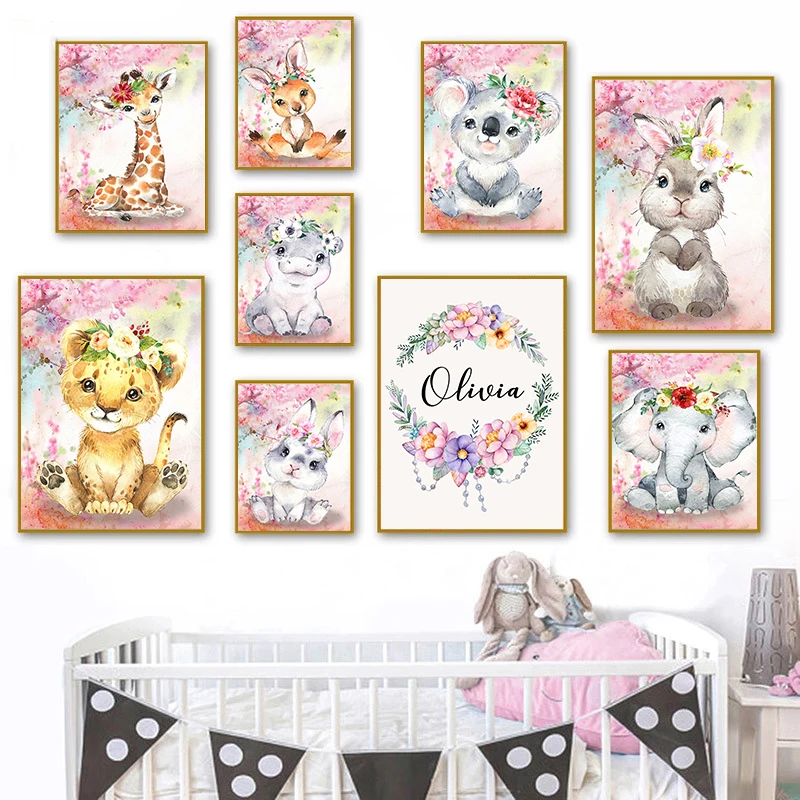 

Personalized Girl Name Poster Nursery Custom Wall Art Print Elephant Giraffe Lion Rabbit PaintingCanvas Decoration Baby Bedroom