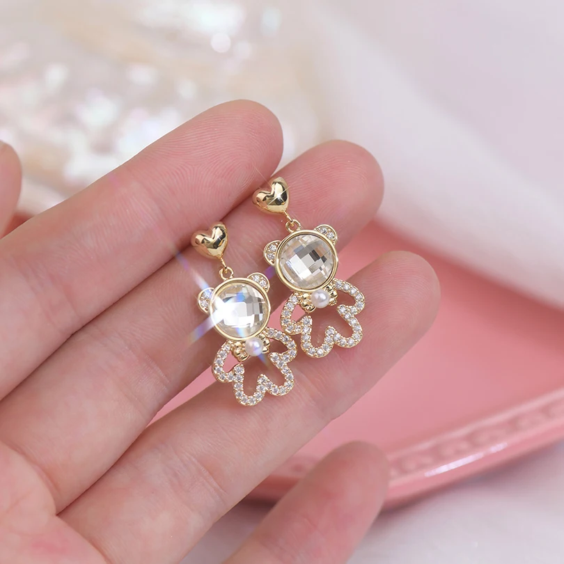 

Exquisite Shine Bling AAA Zircon Bear Earrings Cute Sweet Luxury Inlay 18K Real Gold Romantic For Women Earrings Pendant