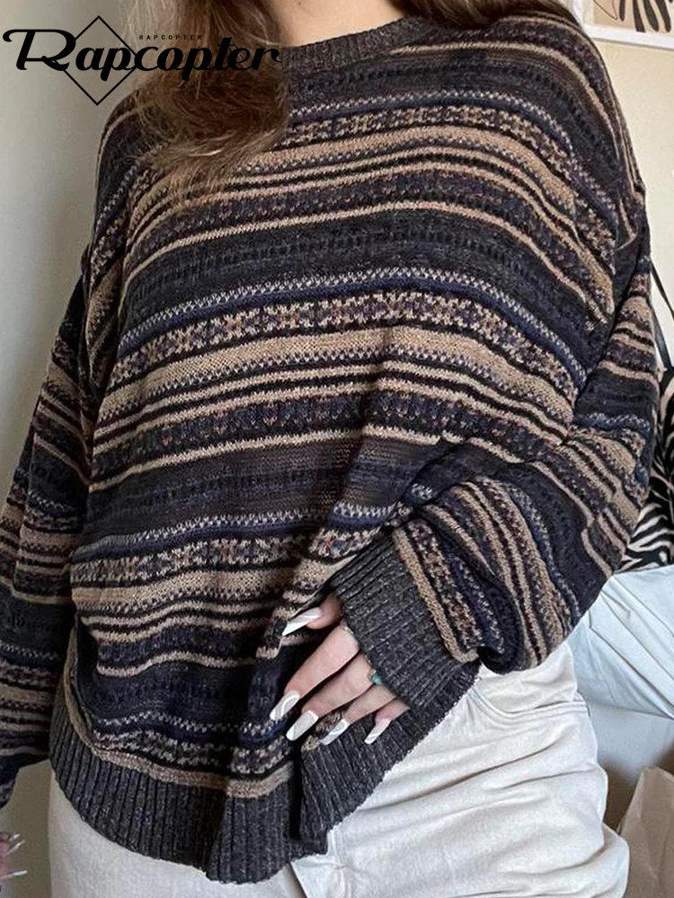 

Женский винтажный полосатый джемпер Rapcopter Y2K, свободный свитер с круглым вырезом и длинными рукавами в стиле Харадзюку, теплые пуловеры 90-х г...