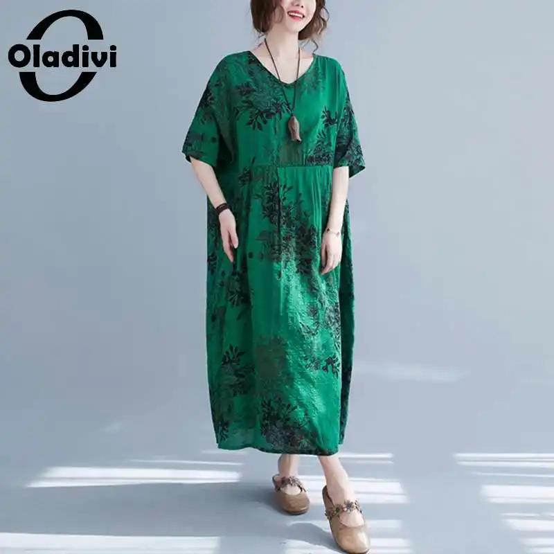 

Платье Oladivi женское оверсайз из хлопка и льна, модная Повседневная Туника с цветочным принтом, летнее, 3XL, 4XL, 5XL, 6XL, 7XL