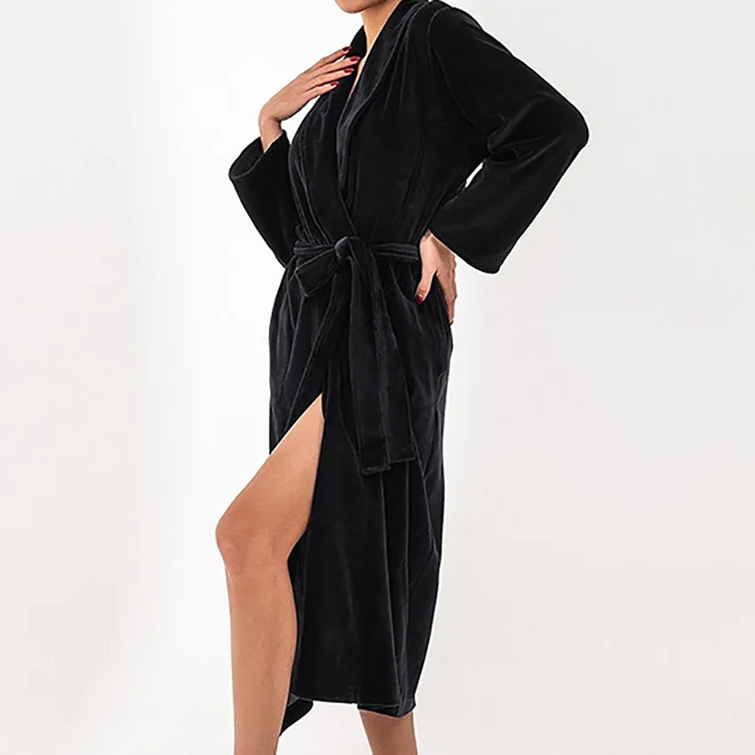 Autumn Velvet Long Nightgown Warm and Comfortable Solid Color Bathrobe Dressing Gown Fashion Simple Ladies Home Service