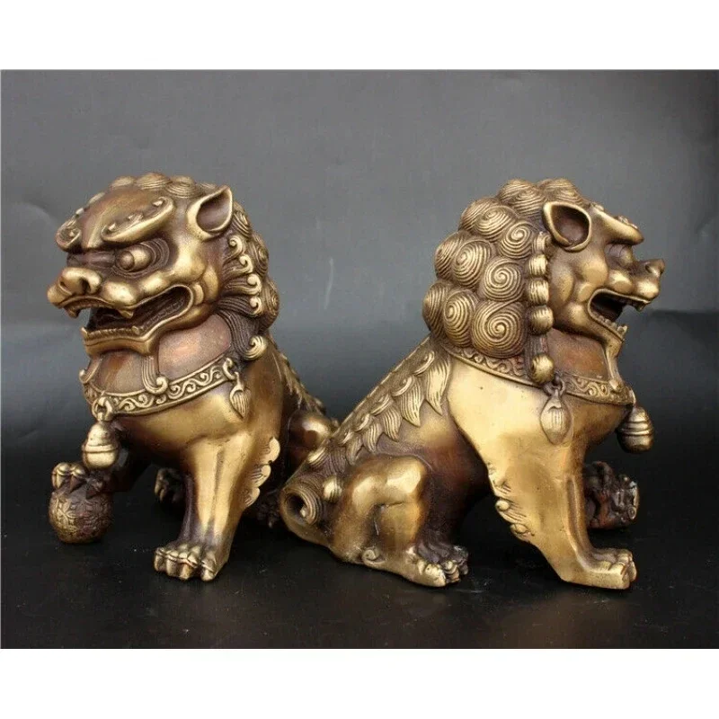 Фото Антикварная бронзовая статуя льва Fu Foo Dog, Китай, старые архаичные левы, пара 11 см №1