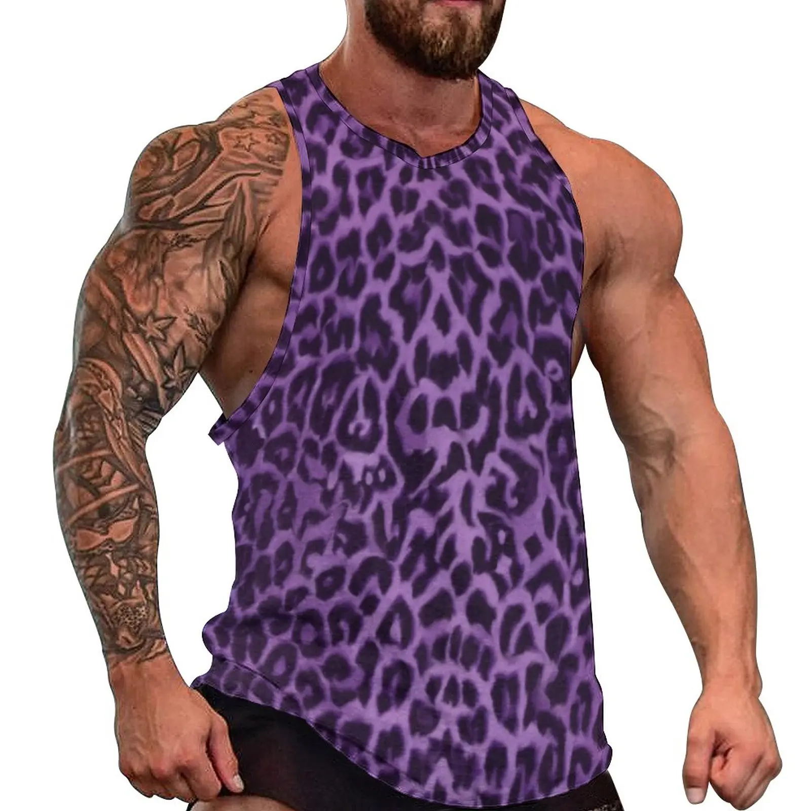 

Purple Leopard Tank Top Mens Animal Print Tops Summer Graphic Bodybuilding Vintage Oversized Sleeveless Shirts