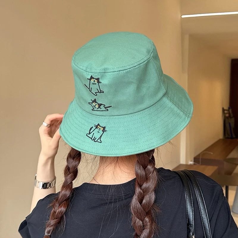 Шляпа рыбака с вышивкой кошки Женская Весенняя Корейская универсальная японская