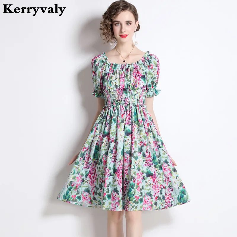 

Holiday Wisteria Flower Square Collar Elastic Waist Beach Dress Women 2022 Summer Willon Green Dress Vestidos Mujer K8245
