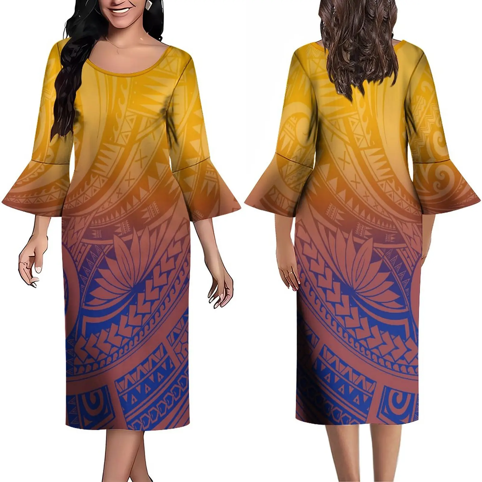 Женское платье с оборками на манжетах удобное винтажное принтом в этническом