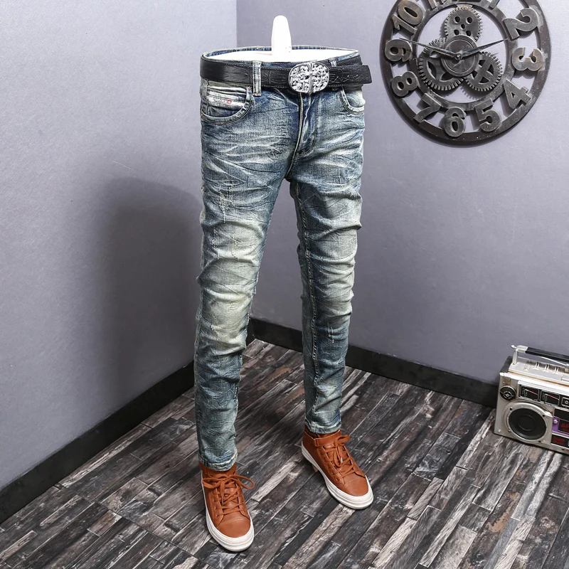 

Newly Fashion Designer Men Jeans Retro Blue Elastic Slim Fit Ripped Jeans Men Trousers Vintage Stretch Casual Denim Pants Hombre