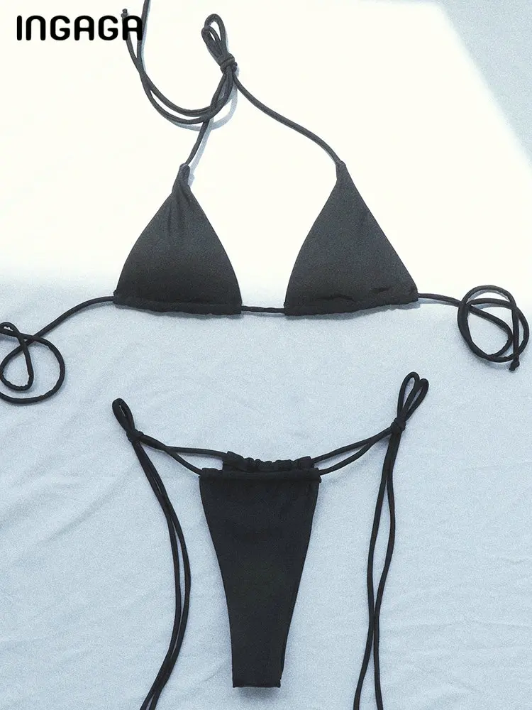 

INGAGA Sexy Micro Bikinis 2022 Woman Solid Swimsuit Halter Swimwear Women Thong Bathing Suit High Cut Beachwear Tie Side Biquini