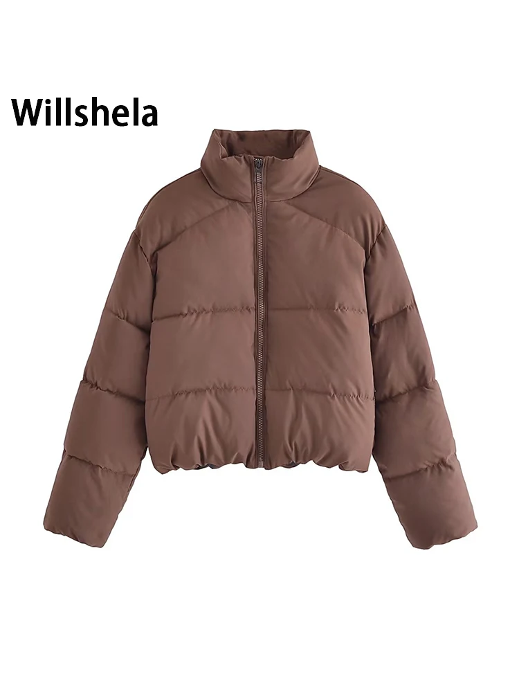 

Willshela Women Fashion Solid Front Zipper Puffer Jacket Winter Warm Parkas High Neck Long Sleeves Female Chic Lady Tops Outfits