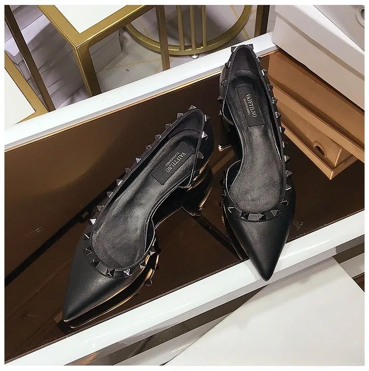 Heels For Women 2023 Designer High Heels Shoes Rivets Brand Pumps  Pointed Toe Chunky Heel 3cm White Black Elegant Office Shoes