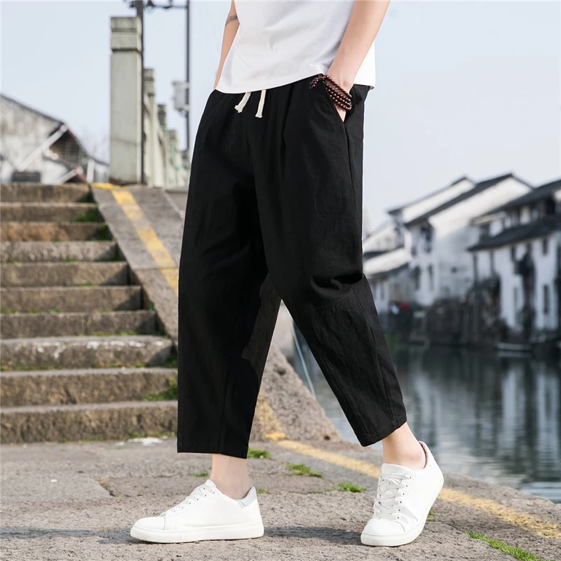 

2022 Summer Pants Men's Solid Color Ankle Long Pants Men's Casual Elastic Waist Lace-Up Loose Linen Pants Men's Ninth Pants
