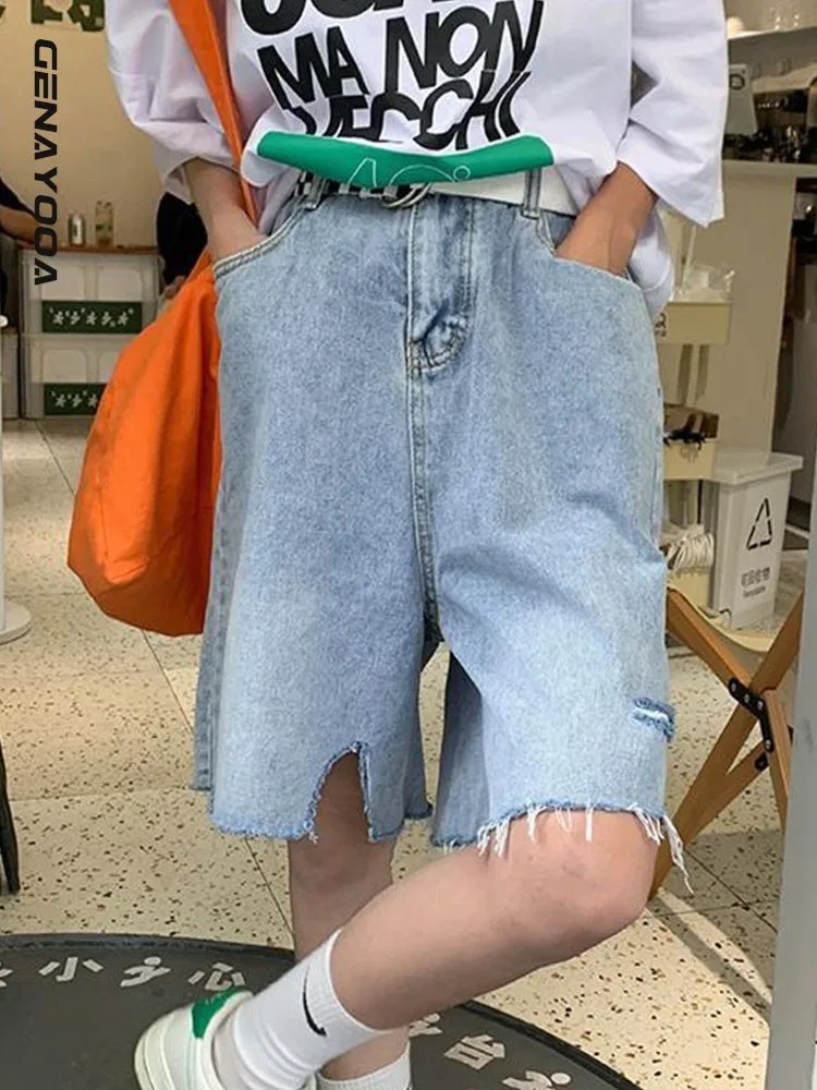 

Genayooa High Waist Denim Shorts Woman Streetwear Tassel Hole Five-point Jeans Biker Shorts Feminino Washed 2022 Summer Korean