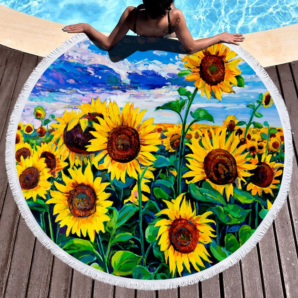 

Microfiber Beach Towel Sunflower Printed Bath Towels Summer Round Mat Cover Up Tassels Soft Good Absorbent for Travel