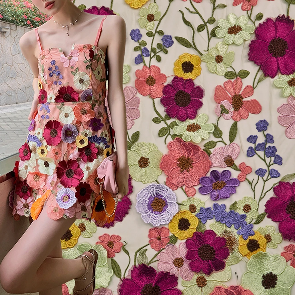 

High-end 3D multi-color sunflower embroidery lace gauze fabric garment DIY wedding dress lace fashion fabric decoration X1008