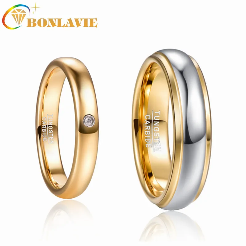 

BONLAVIE 4mm & 6mm Tungsten Carbide Ring Gold Zircon Dome Wedding Band for Men Women Comfort Fit Rings Engagement Jewelry