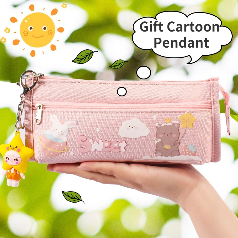 

New cartoon pattern stationery box Large-capacity double-layer stationery storage bag Gift cartoon pendant Office stationery