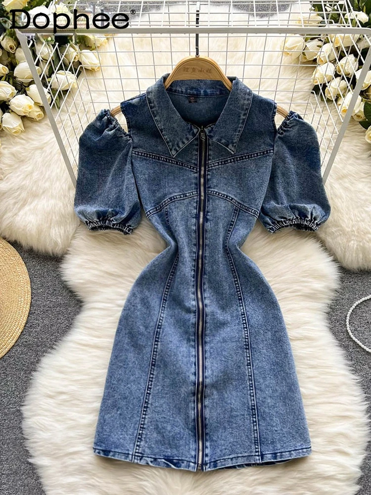 

Women Denim Zipper Hollow Out Dress Lapel Short Puff Sleeve New Arrivals Lady Sexy Fashion Temperament Summer 2022