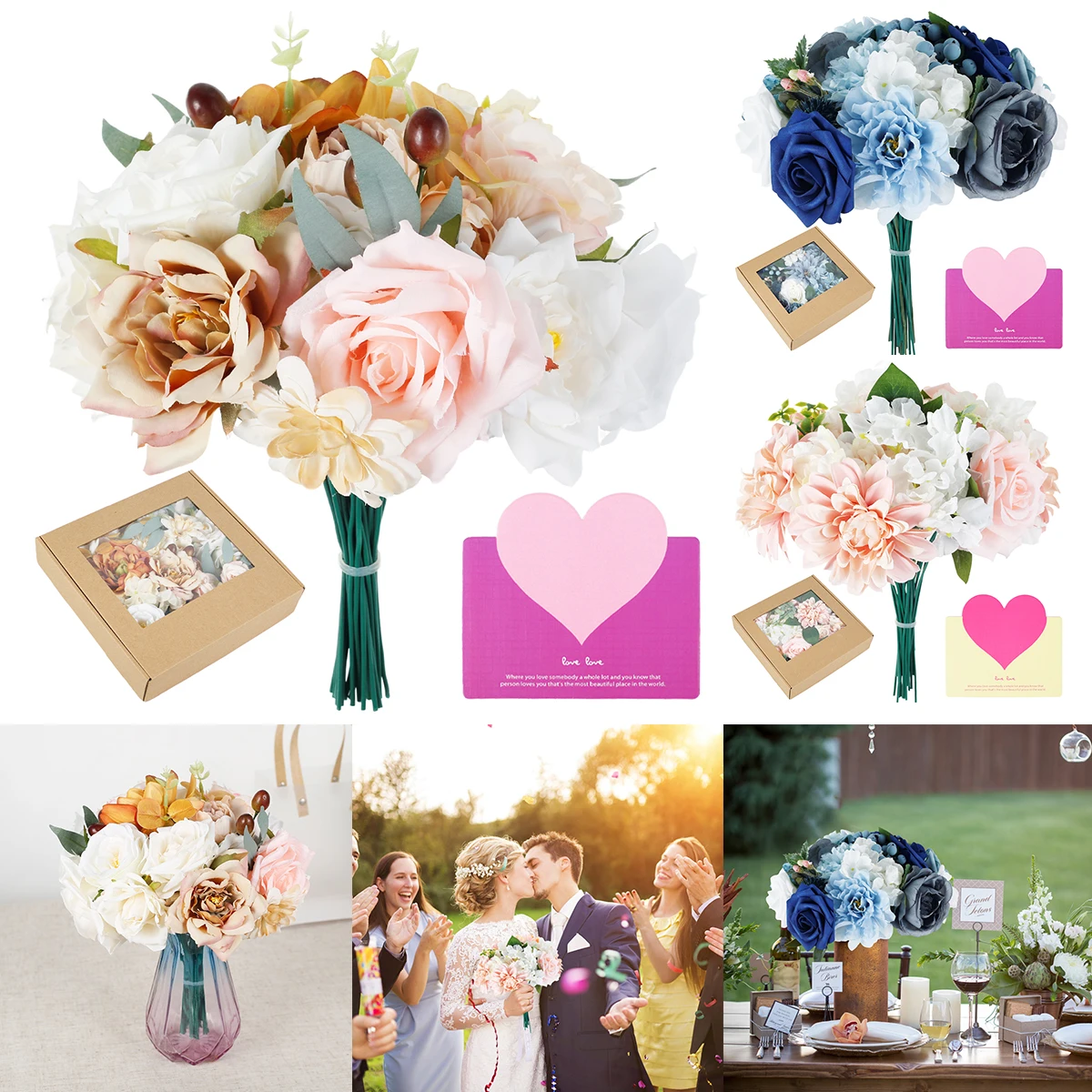 

Artificial Flowers Box Silk Cloth Faux Flower Combo Reusable Eternal Fake Floral Arrangements Table Ornament for Wedding Party