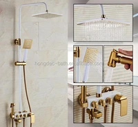 bathroom wall mounted 4 way control rain exposed shower bar set with hand shower white gold finish