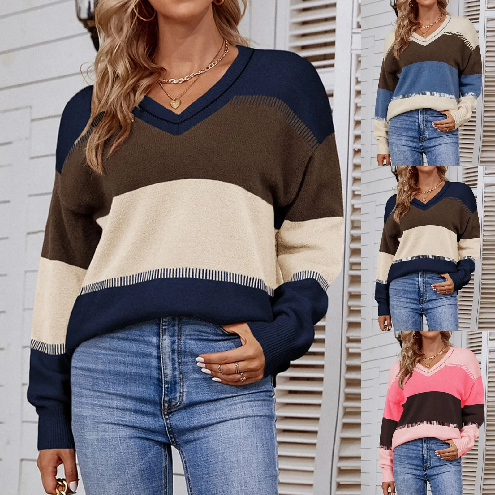 

Women's Casual Fashion 2022 Long Sleeved Knitting Contrast Color Sweater Top Loose Shirt Tops Female Casual Ladies Blouses