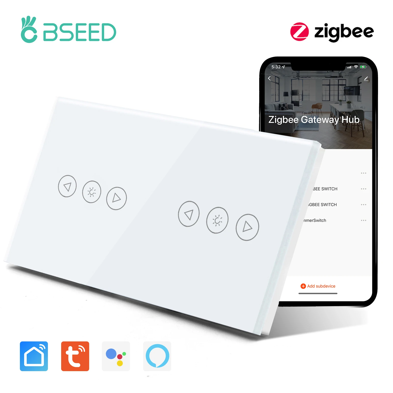 Bseed ZigBee Dimmer Switches Wall Double Touch Switch Smart Dimmable Led Light Switches Crystal Wireless Smart Life TUYA App