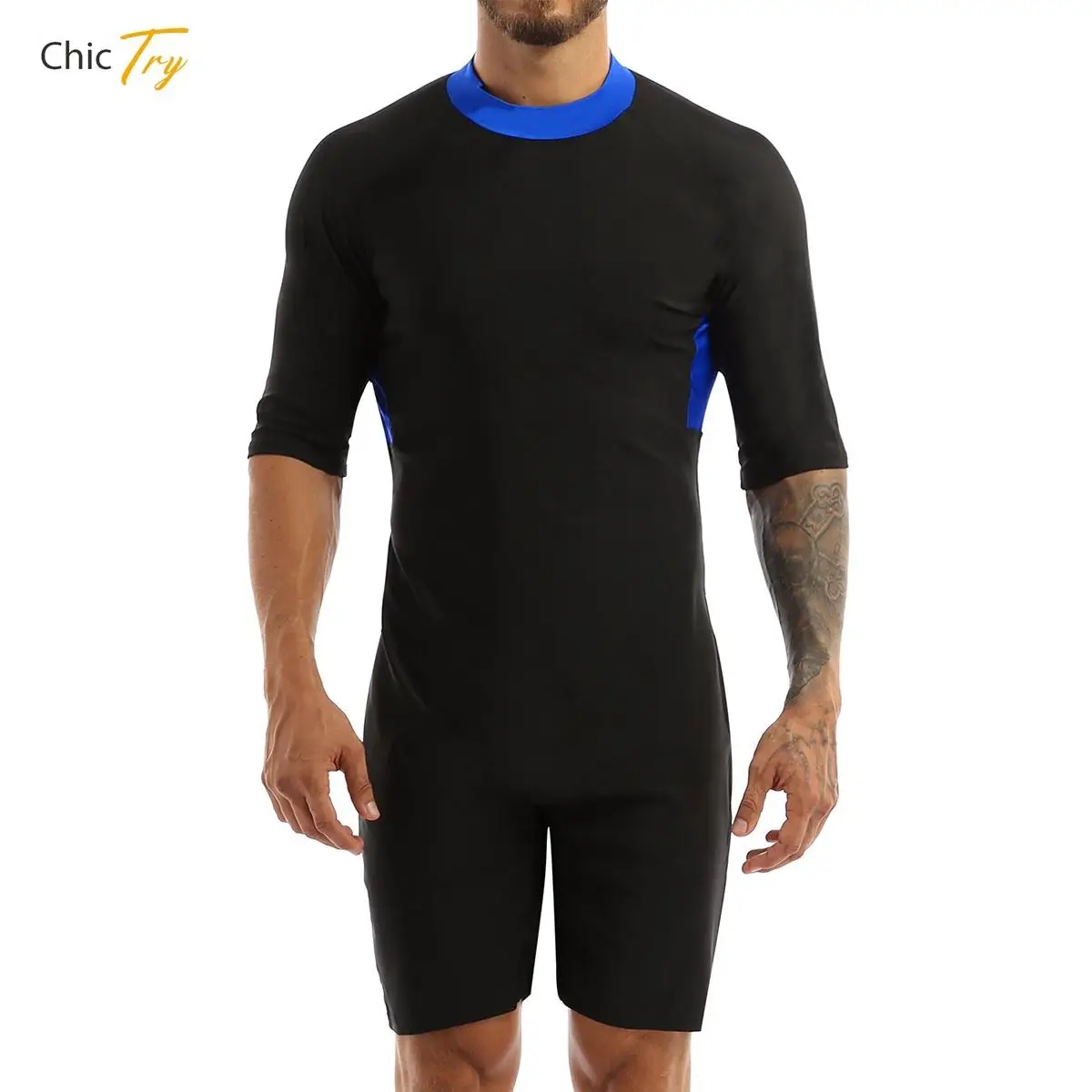 

Mens Short Sleeve Rash Guard One-Piece Surfing Diving Snorkeling Shorty Wetsuit Zipper Back Sun Protection Swimwear Swimsuit