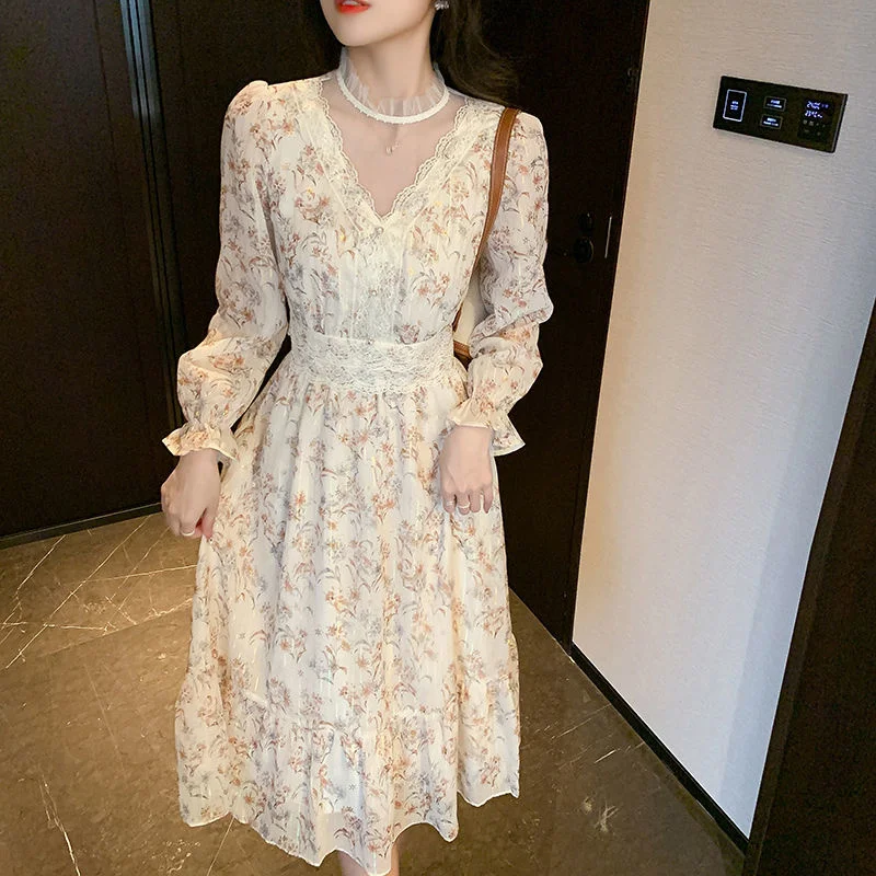 

Sexy V Neck Floral Dress Ladies 2022 New Long Sleeve High Waist Casual Print Dresses For Women Summer Chiffon Dress