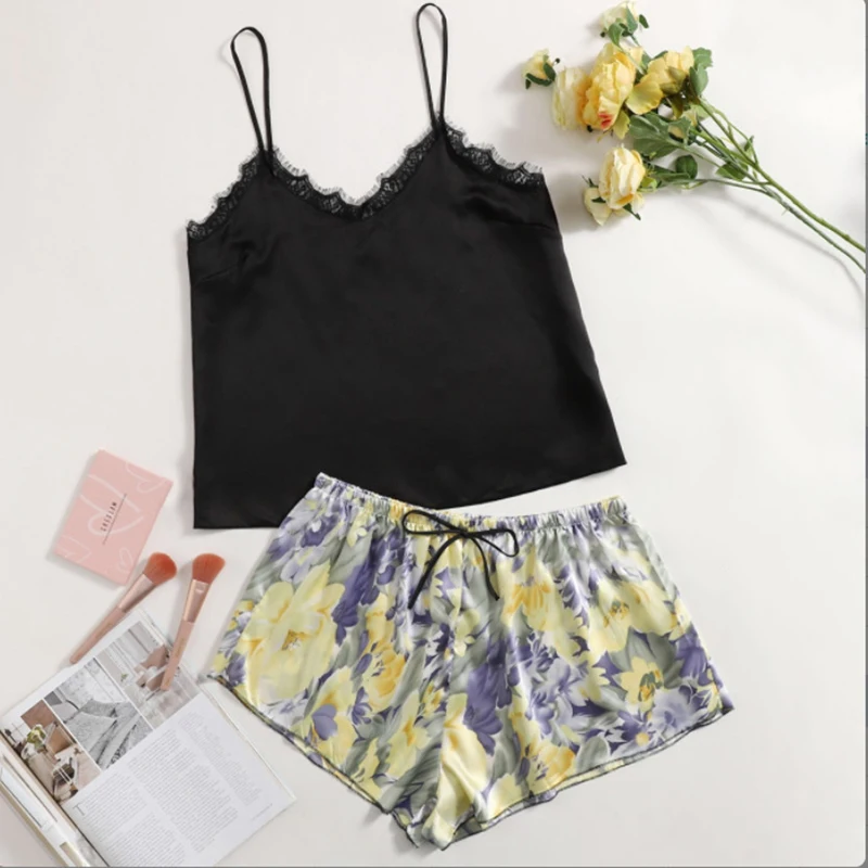 

Print Flower Two Pieces Cami&Shorts Suit Women Satin Pajamas Nightgown Summer V-Neck Strap Camisole Set Casual Home Clothes