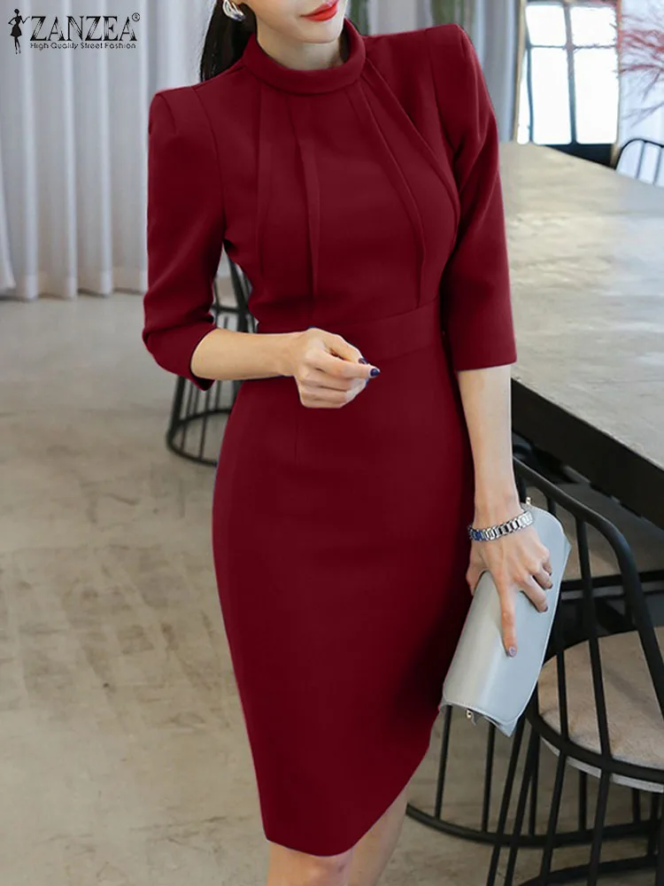 

ZANZEA Elegant Office Wear Sheath Dress Fashion Women High Neck 3/4 Sleeve Knee-length Dress 2023 Sexy Bodycon Pleated Vestidos