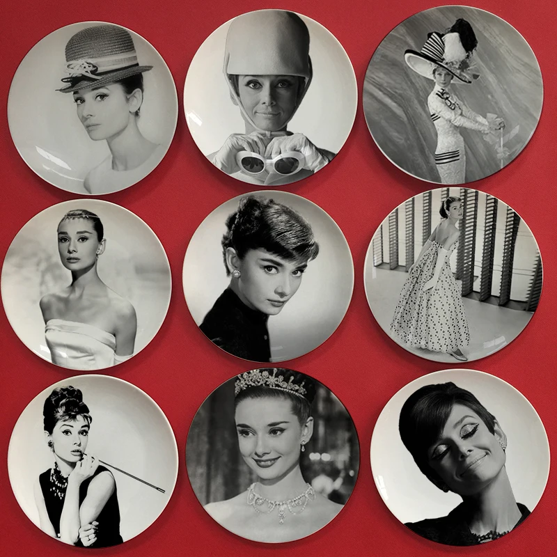 

Audrey Hepburn black and white figure plate, living room, café hallway, art hanging plate, decorative mural, vintage ornaments
