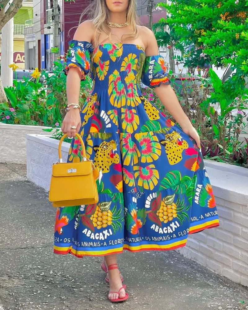 

2022 Summer Woman Chic Fruit Print Off the Shoulder Shirred Casual Short Sleeve A Line Vacation Dress