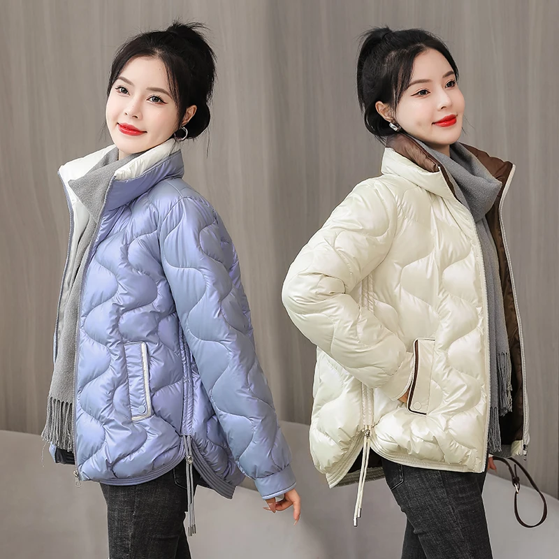Women Jacket 2022 New Winter Parkas Female Glossy Down Cotton Jackets Stand Collar Casual Warm Parka Short Coat Female Outwear