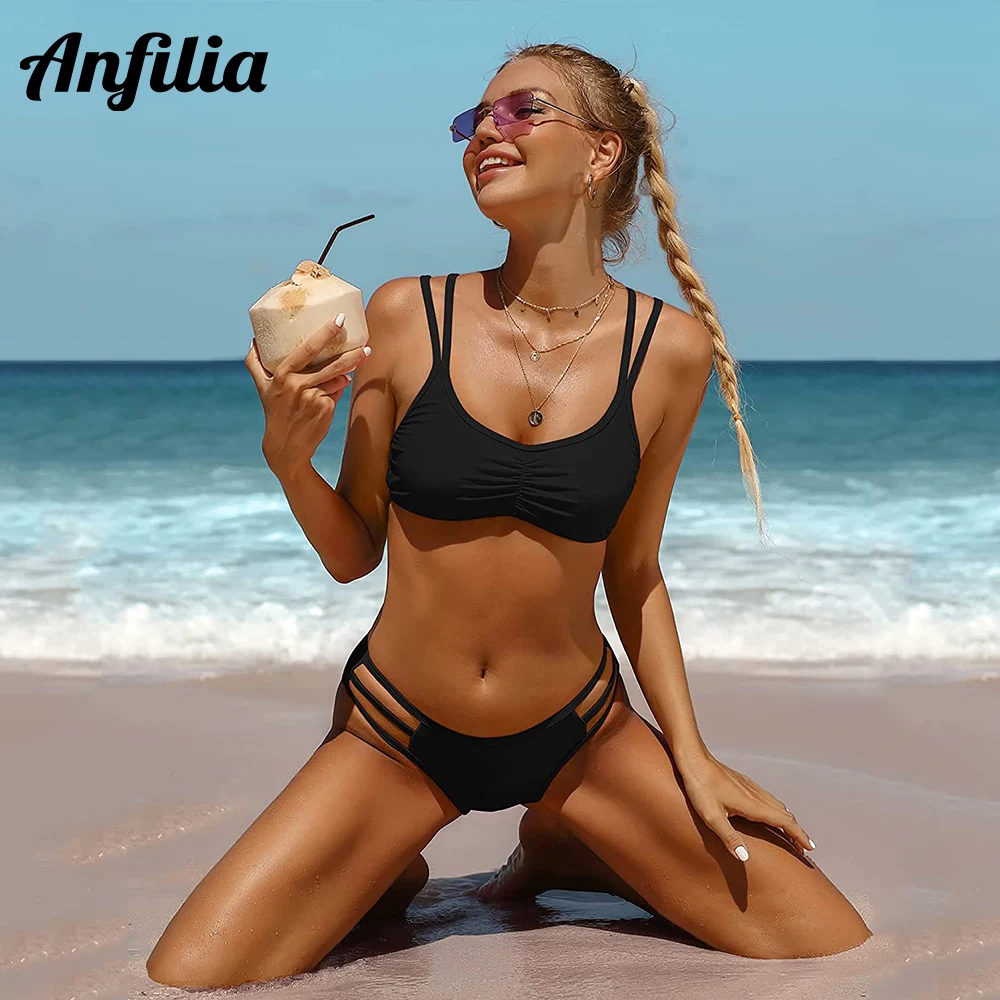 

Anfilia Women's Strappy Bikinis Swimsuit Sporty Scoop Neck Ruched Bathing Suits Low Waist String Bikini Swimwear