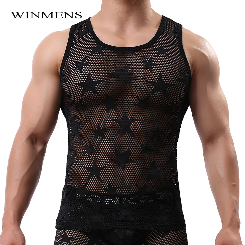 Summer Thin Star Mesh Men's Tank Tops Solid Fishnet Sleeveless Youth See Through Vest Cut-outs Breathable Male Sexy Singlet