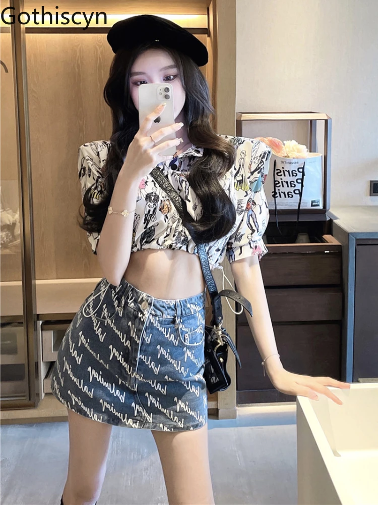 

Gothiscyn Spice Girl Suit Summer New Crop Top Shirt Lapel Print High Waist Denim Skirt 2 Piece Set Sexy Elegant Chic Ladies Suit