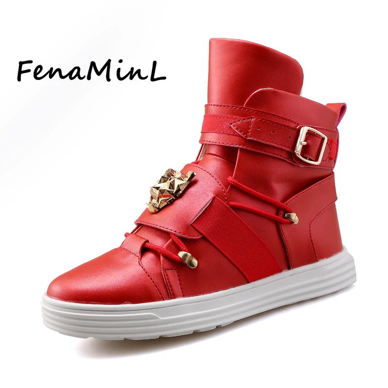 

2022 New fashion High Top Shoes Leather Men's Sneakers Punk Ankle Boots for Men Metal decoration Motorcycle Hook&Loop punk Shoes