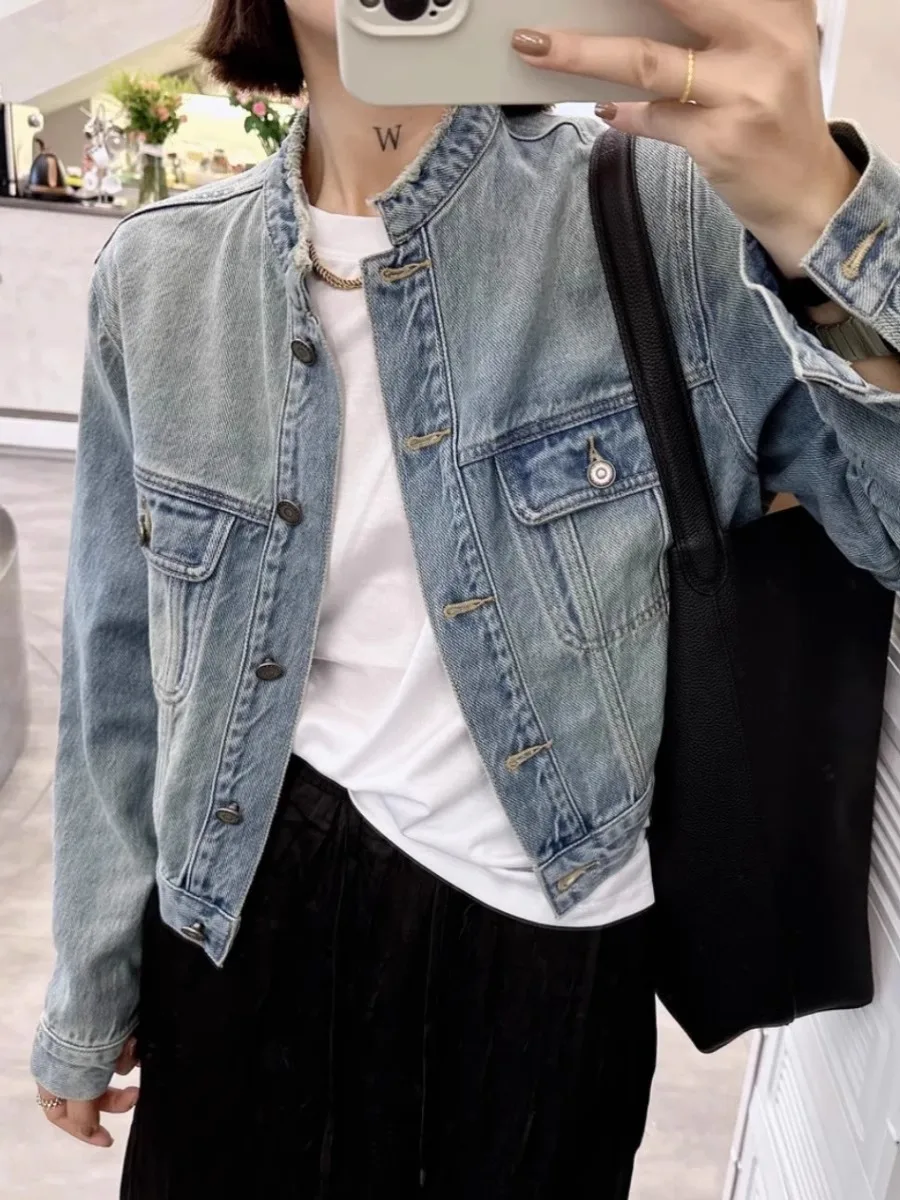 Korean Sle New Stand Collar Denim coat Women Spring and Autumn Loose Small Retro Versatile Crop jacket Fashion Top |