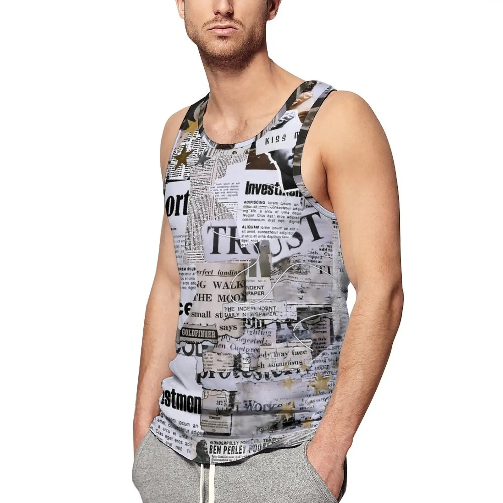 

Vintage Newspaper Tank Top Letter Print Cool Tops Summer Bodybuilding Man's Pattern Sleeveless Vests Plus Size