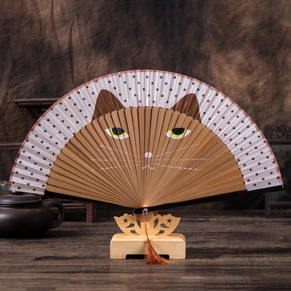 Китайский декор веер Japandi ручные веера мультяшный кот винтажная роспись женские