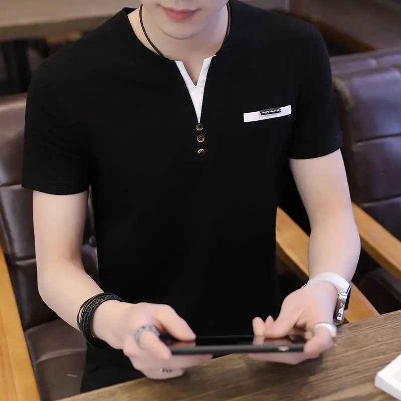 

No Logo V Neck Mens Tee Shirts Top White Casual Streetwear Clothing Black Plain T Shirt for Men Basic Cotton Cheap 2023 Fashion