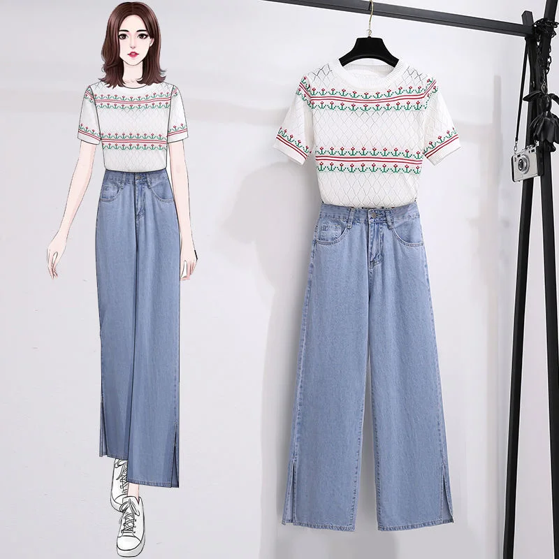 

Gentle Hollow Knitted Round Neck Short-sleeved T-shirt Women's Summer Thin Section 2022 New Top + Split Jeans Two-piece Set
