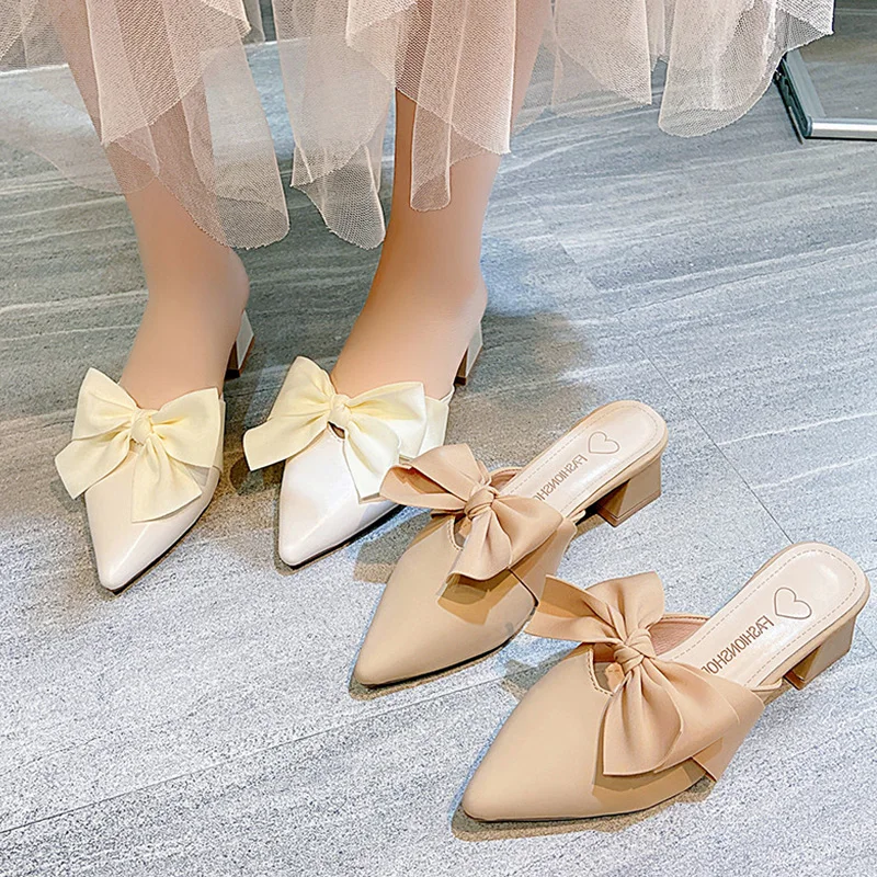 

Шлепанцы женские на квадратном каблуке, повседневные туфли с закрытым носком, с бантом-бабочкой, сланцы, роскошные мягкие, ПЗУ, лето 2022