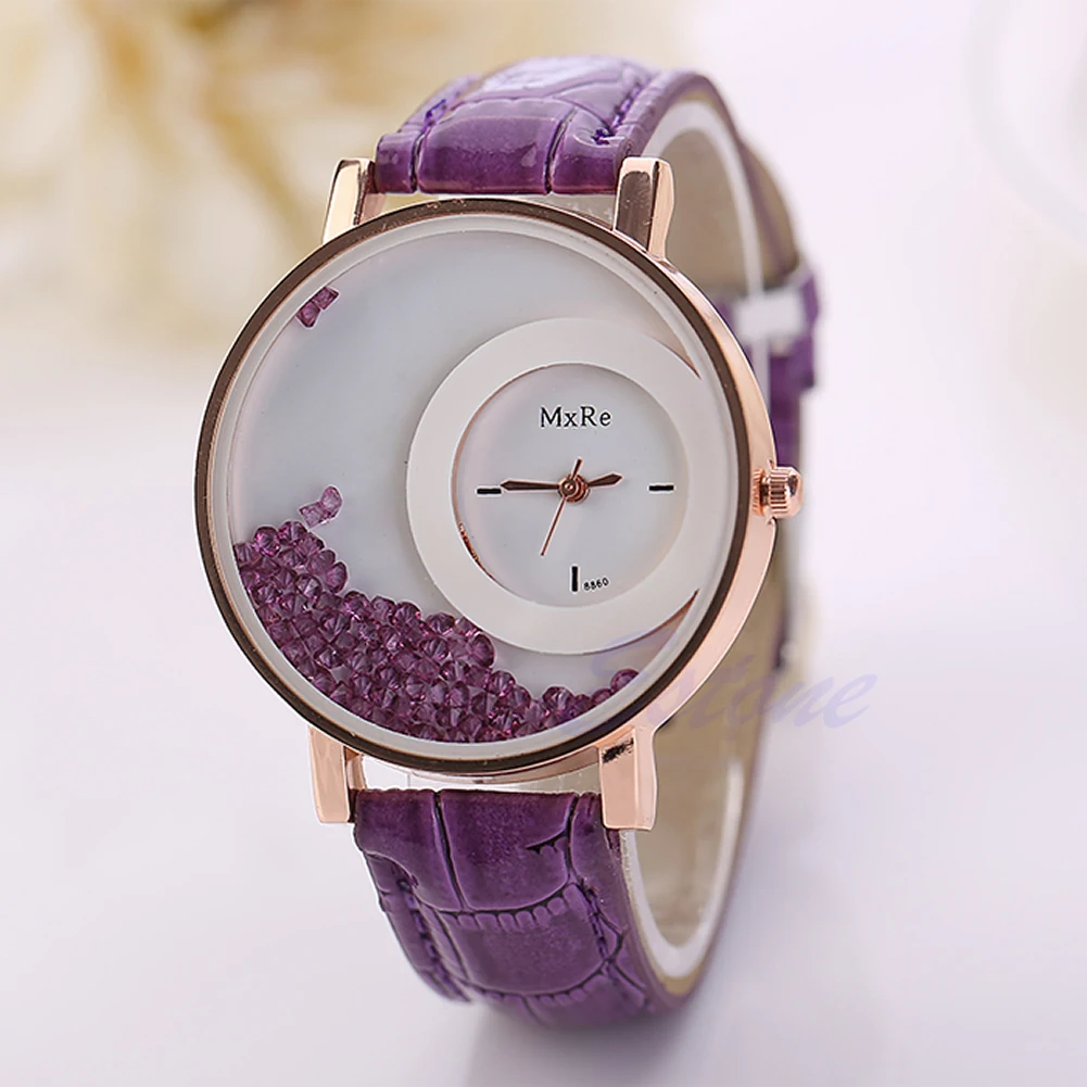 

Moveable Quicksand for rhinestone Dial Faux Leather Strap Women Bracelet Wrist
