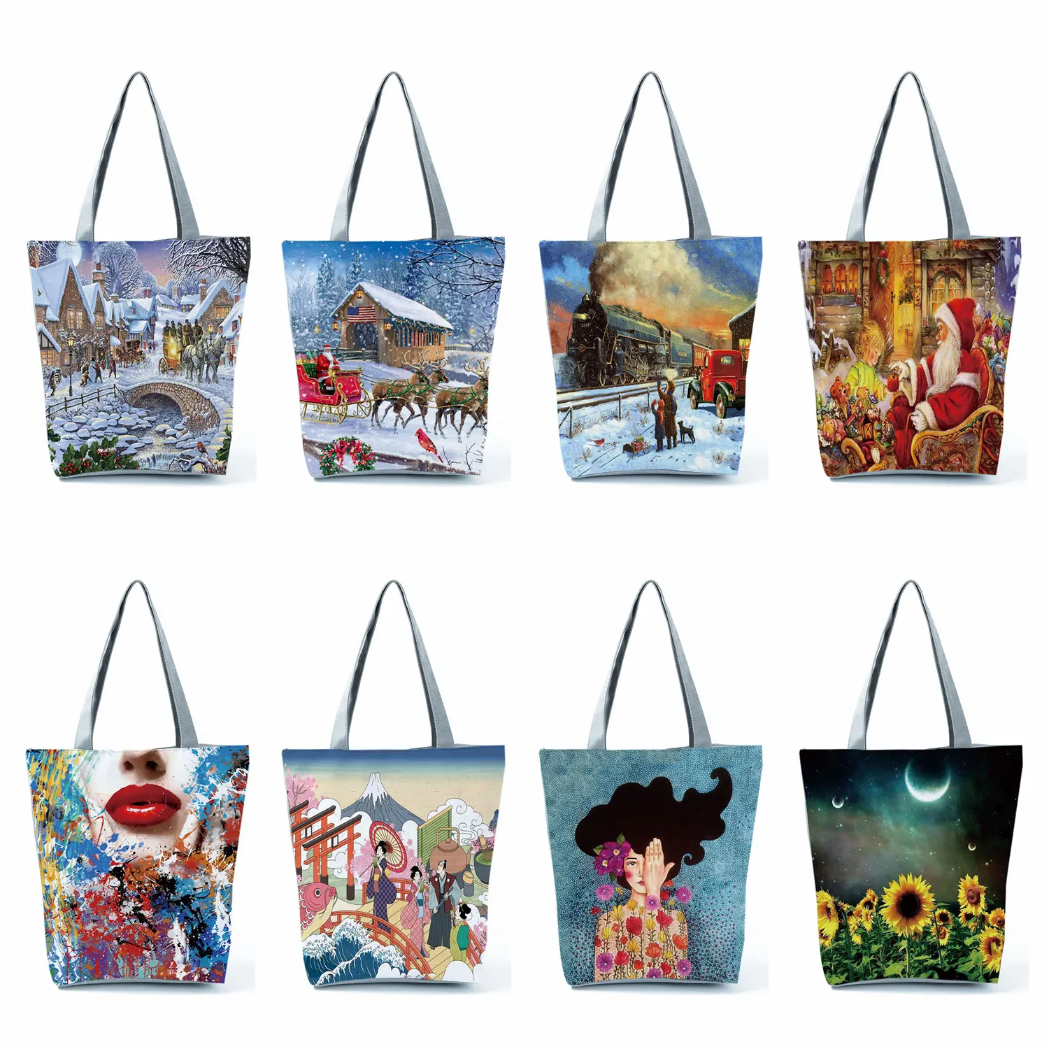 

Santa Claus Fashion Printed Tote Eco Friendly High Capacity Foldable Shopping Bag Outdoor Travel Women Shoulder Bag Customizable