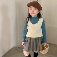 2022 children knitted vest autumn cotton baby girls lace pullover vest baby square collar sleeveless short vest
