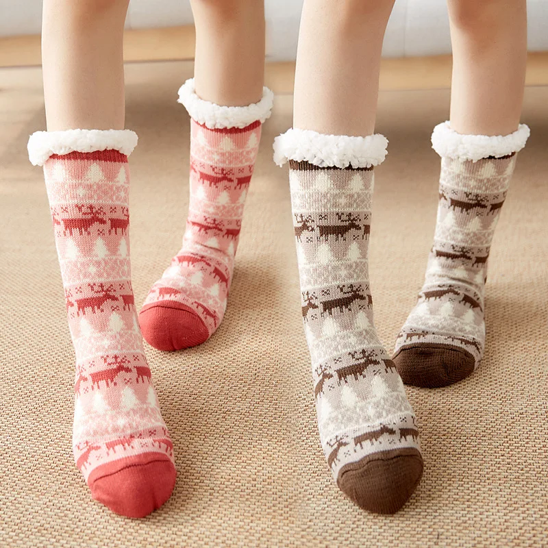 

Christmas Fuzzy Fluffy Socks Women Winter Plush Soft Floor Female Anti Slip Non Grip Slippers Short Sock Deer Elk 2022 New Gift